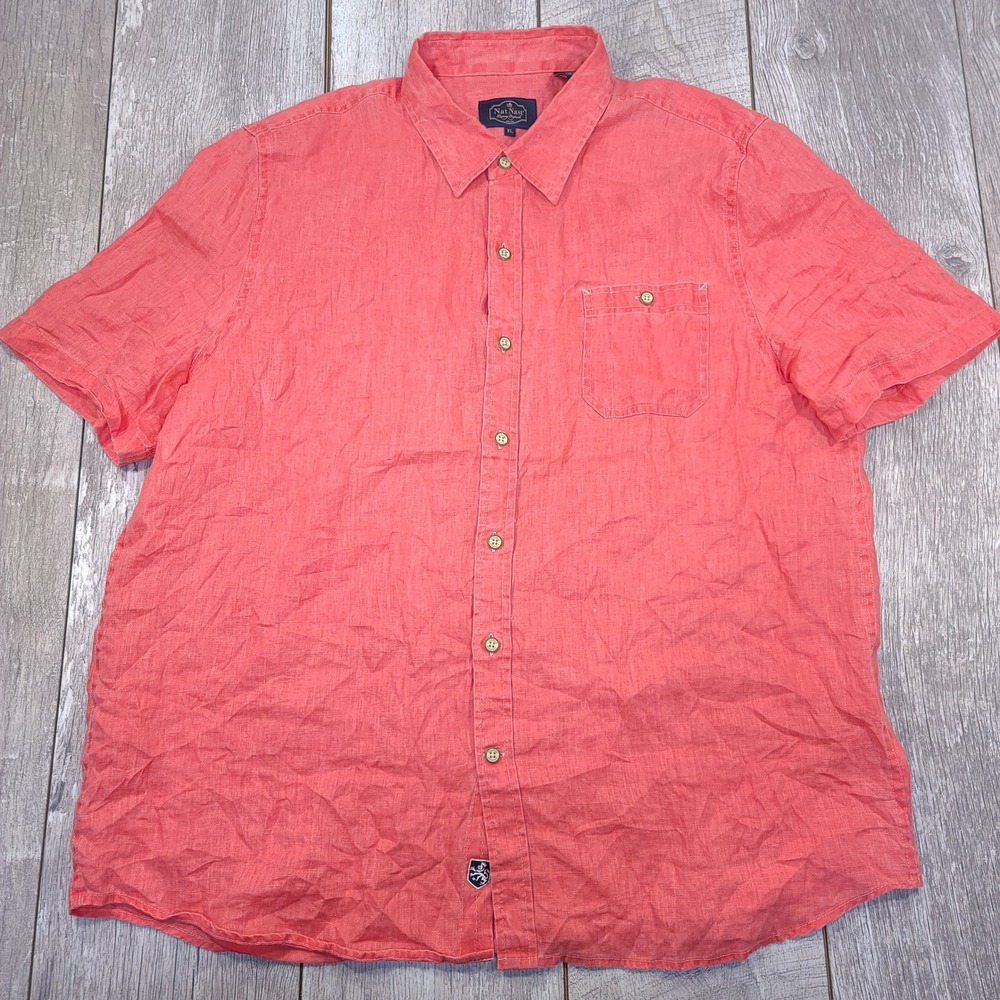 Nat Nast Button Shirt Mens XL Coral 100% Linen Short Sleeve Luxury Originals
